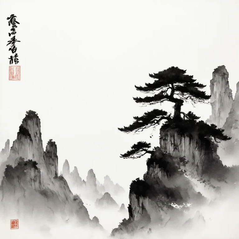 Ink-wash pine and misty mountain peaks