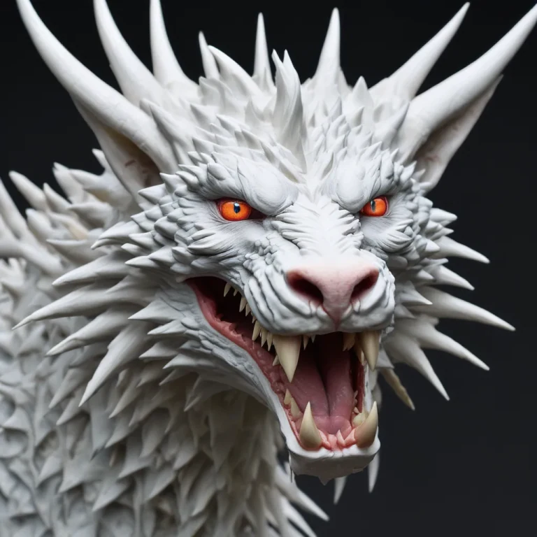 White ceramic dragon head, low-angle snarl