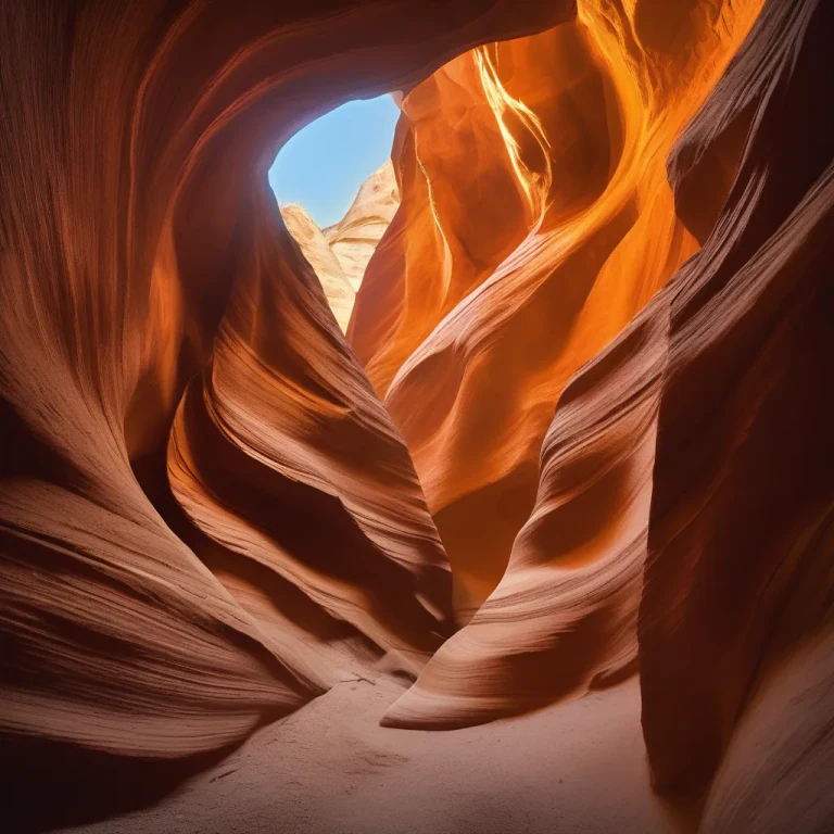Slot canyon sandstone looking up to a blue sky slit