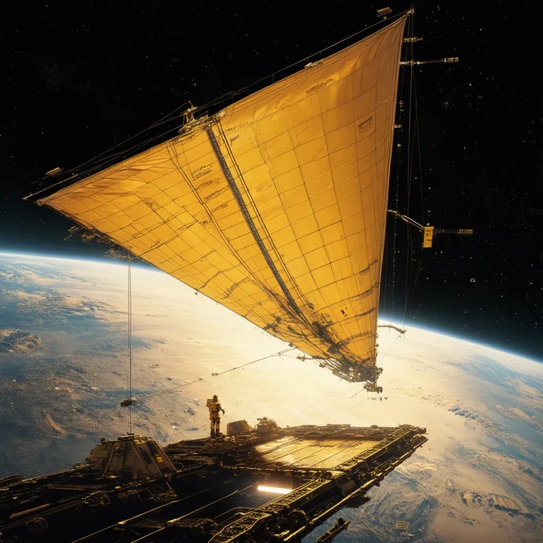 Astronaut beside a golden solar sail over Earth
