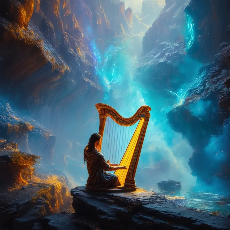 Harpist with a glowing harp in a blue canyon