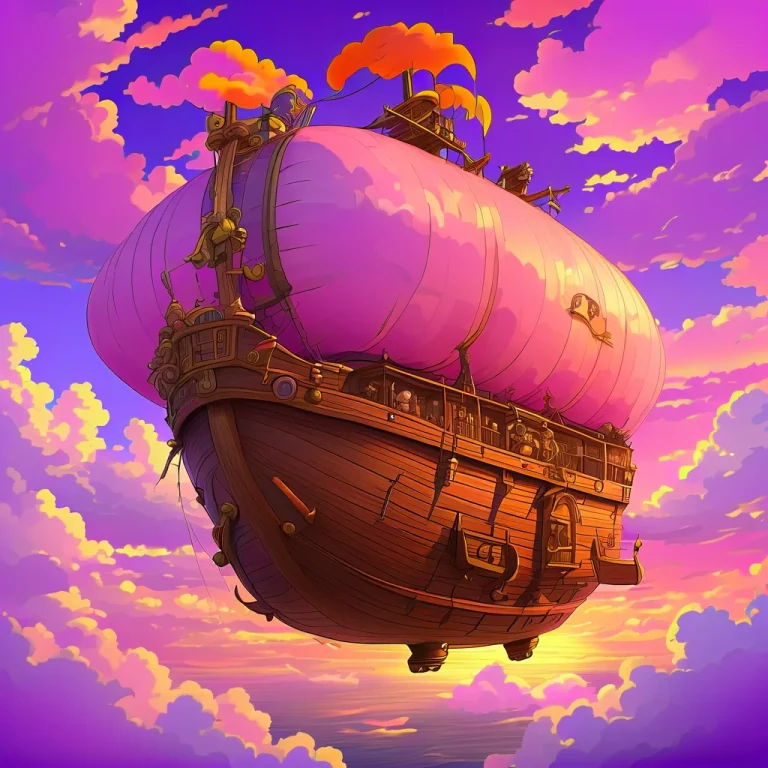 Anime sky-pirate airship through cotton-candy clouds