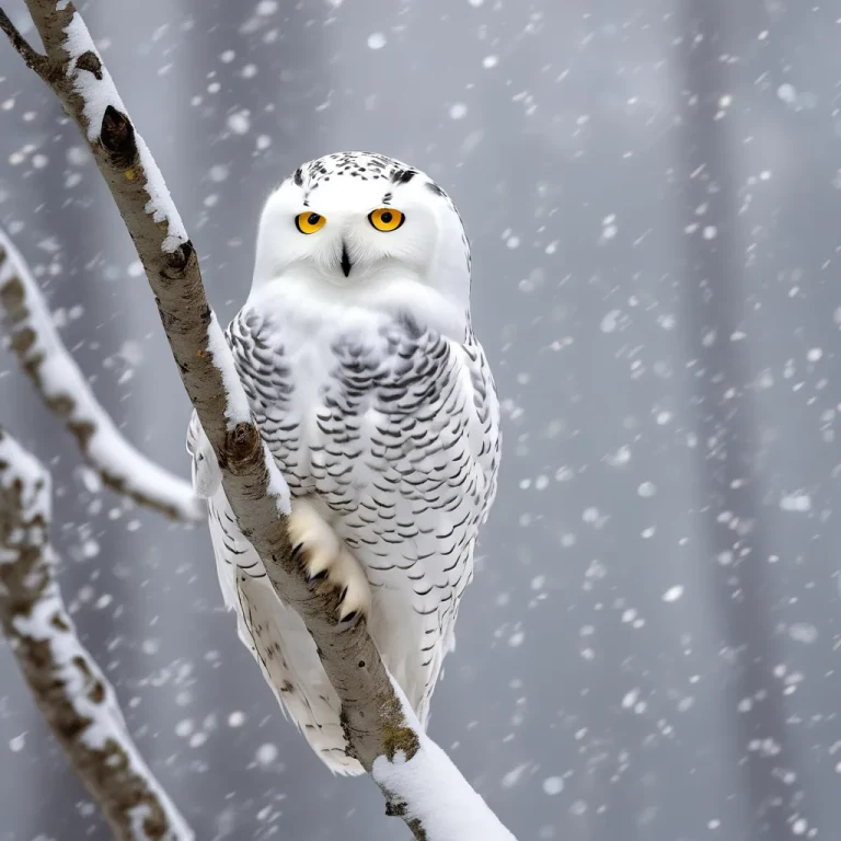 Snowy owl on a snow-dusted branch