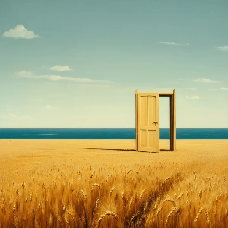 Open door standing alone in a wheat field by the sea