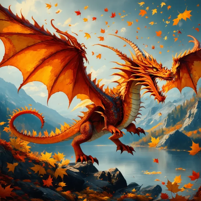 Autumn dragon perched above a mountain lake