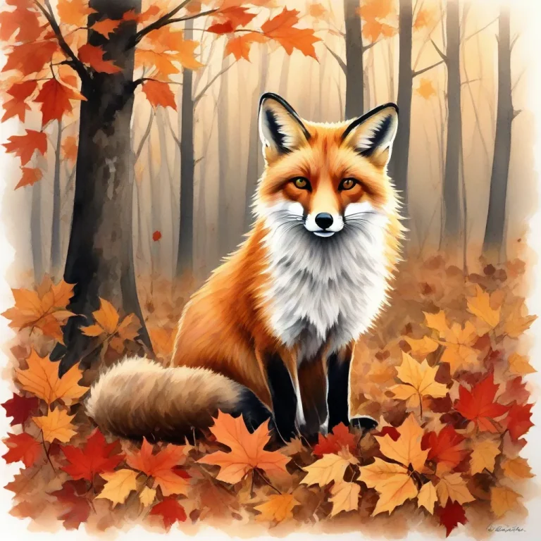 Watercolor red fox in autumn leaves