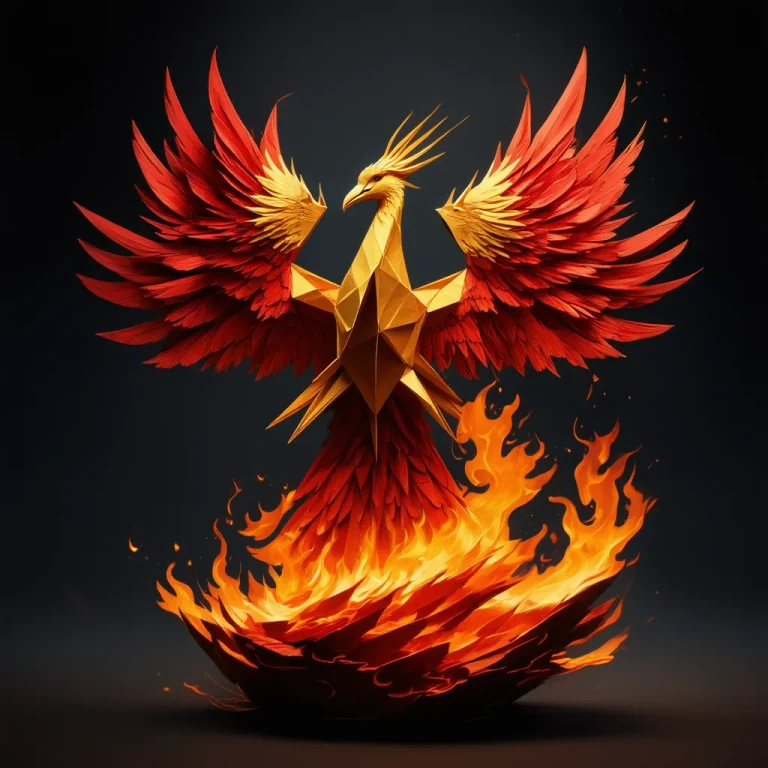 Geometric gold phoenix rising from red flame